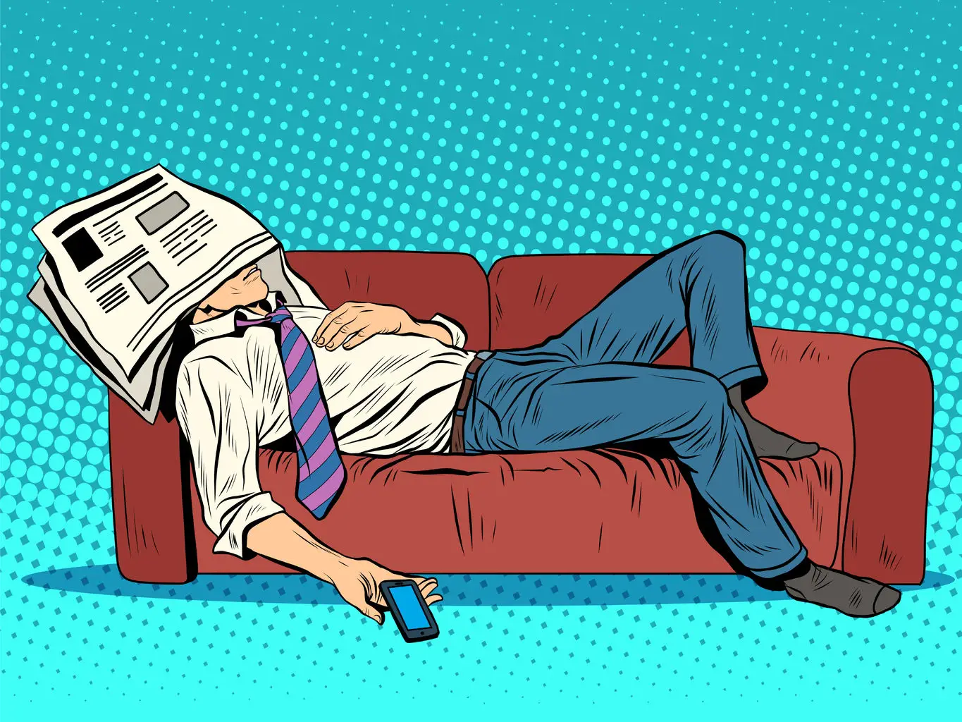 54399570 - rest fatigue sleep on the couch siesta pop art style retro. businessman tired. a man sleeps. laziness and a bad day