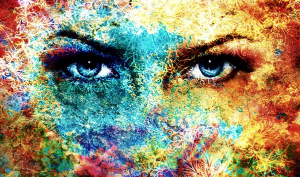 45148049 - blue goddess women eye, multicolor background with oriental mandala ornament. eye contact